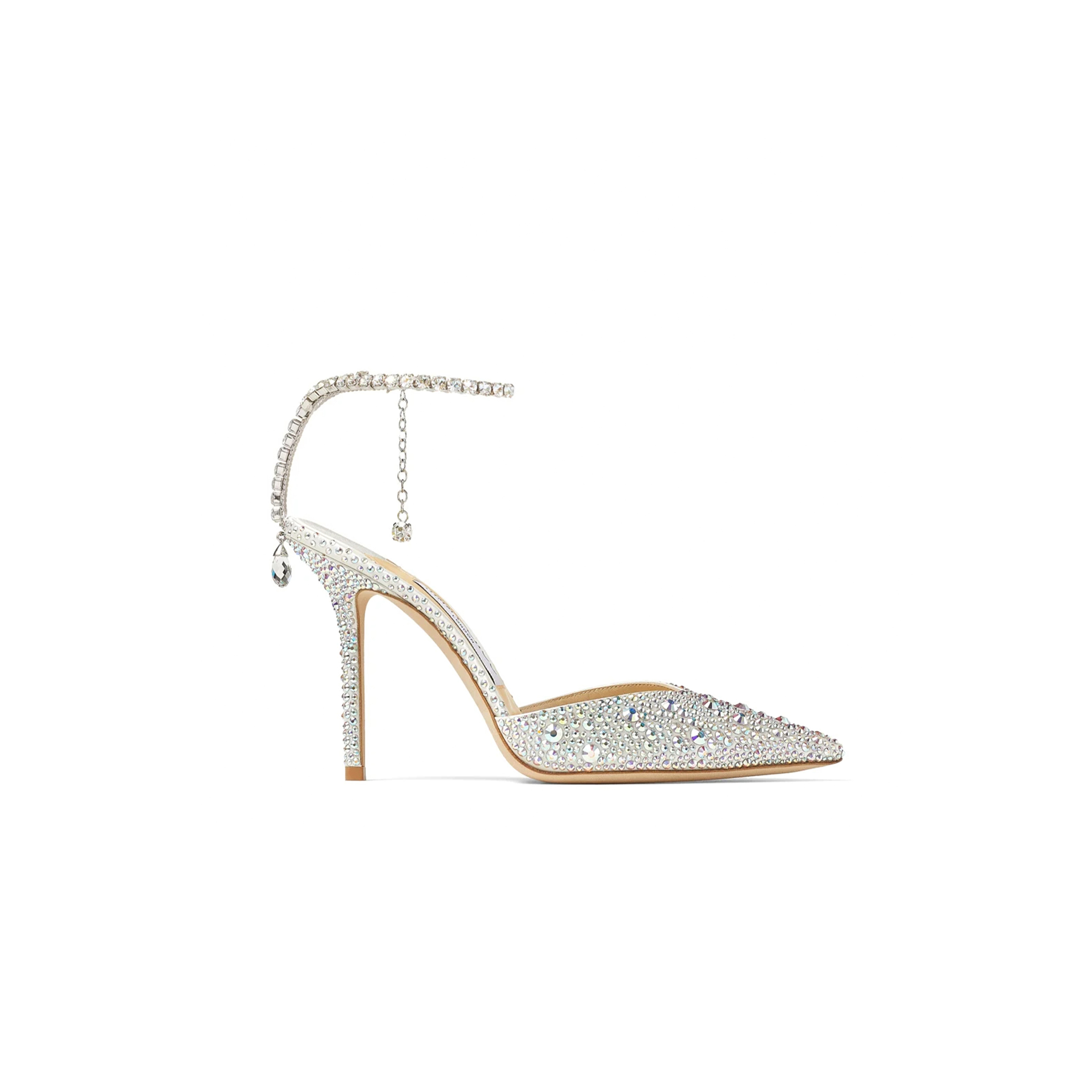 JIMMY CHOO SAEDA 100 IVORY SATIN PUMPS WITH CRYSTAL EMBELLISHMENT SAEDA100BAM